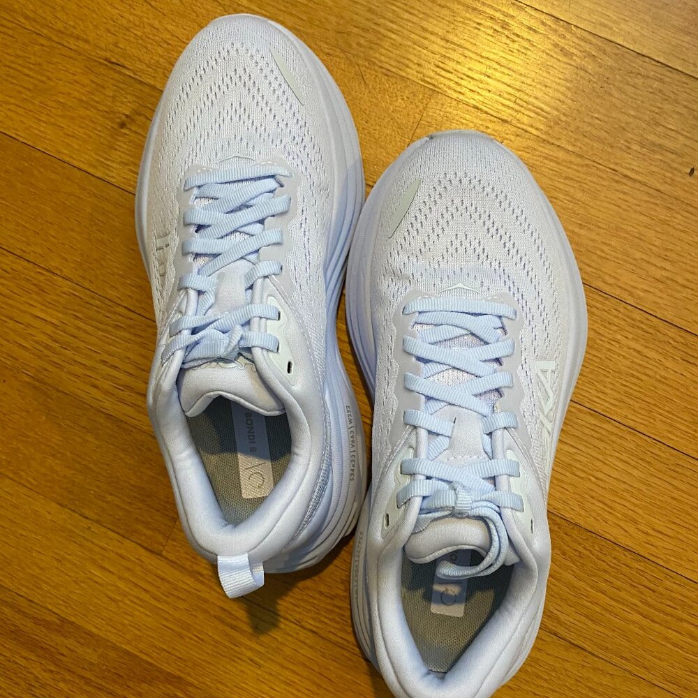 HOKA Bondi 8 in white, size 6 wide; unused in original packaging